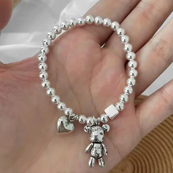 Silver Beaded Charm Bracelet with Teddy and Heart Charms - Picture 3 of 5